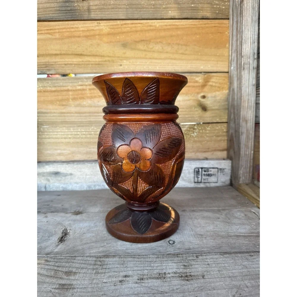 Vintage Hand Carved Wood  Bud Vase Folk Art Decor Flower Donkey‎ Palm Design